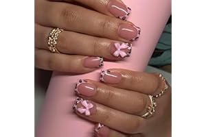 BSBTBZ 24Pcs Leopard French Tip Press on Nails Short Square Fake Nails Pink Glossy Bow Designs Full Cover Nude Glue on Nails Cute False Nails Stick on Nails for Women Girls Medium Manicure Decorations