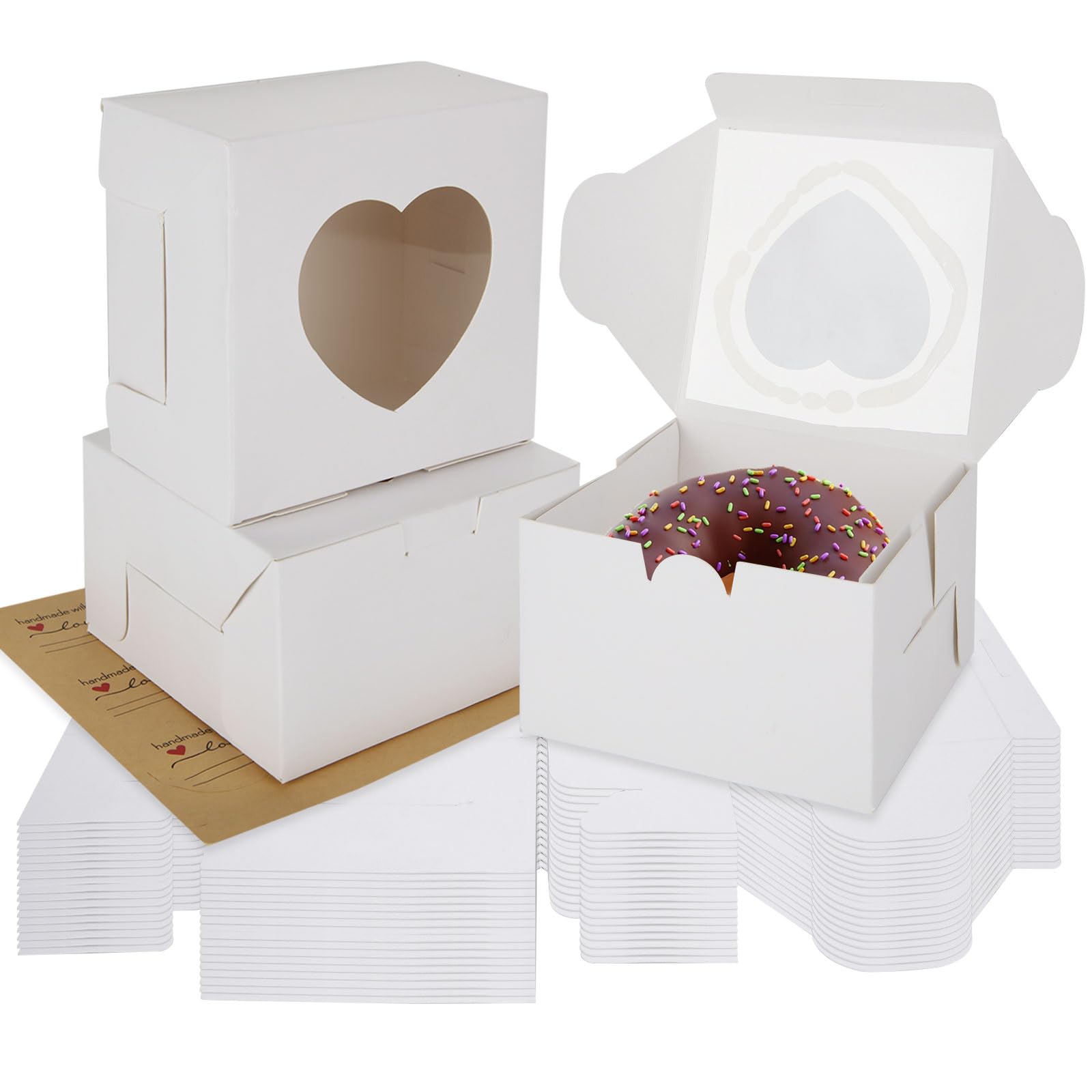 CYEER 100 Pack Cake Box, 4 Inch Small Cake Boxes with Window, White Cupcake Boxes Individual Bakery Boxes Cookie Box Brownie Boxes with Stickers for Cupcakes Cookie Donuts, 10x10x6.5cm