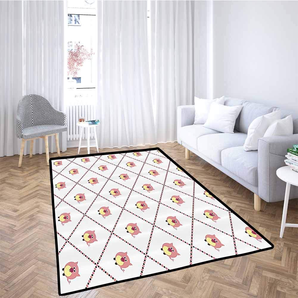Pig Decor Collection Rectangular Rug Baby Pig Cartoon in Colorful Diamond Line Pattern Piglet Graphic Design Effect Extra Large Bedroom Rug Light Yellow Pink White 3x5 Feet