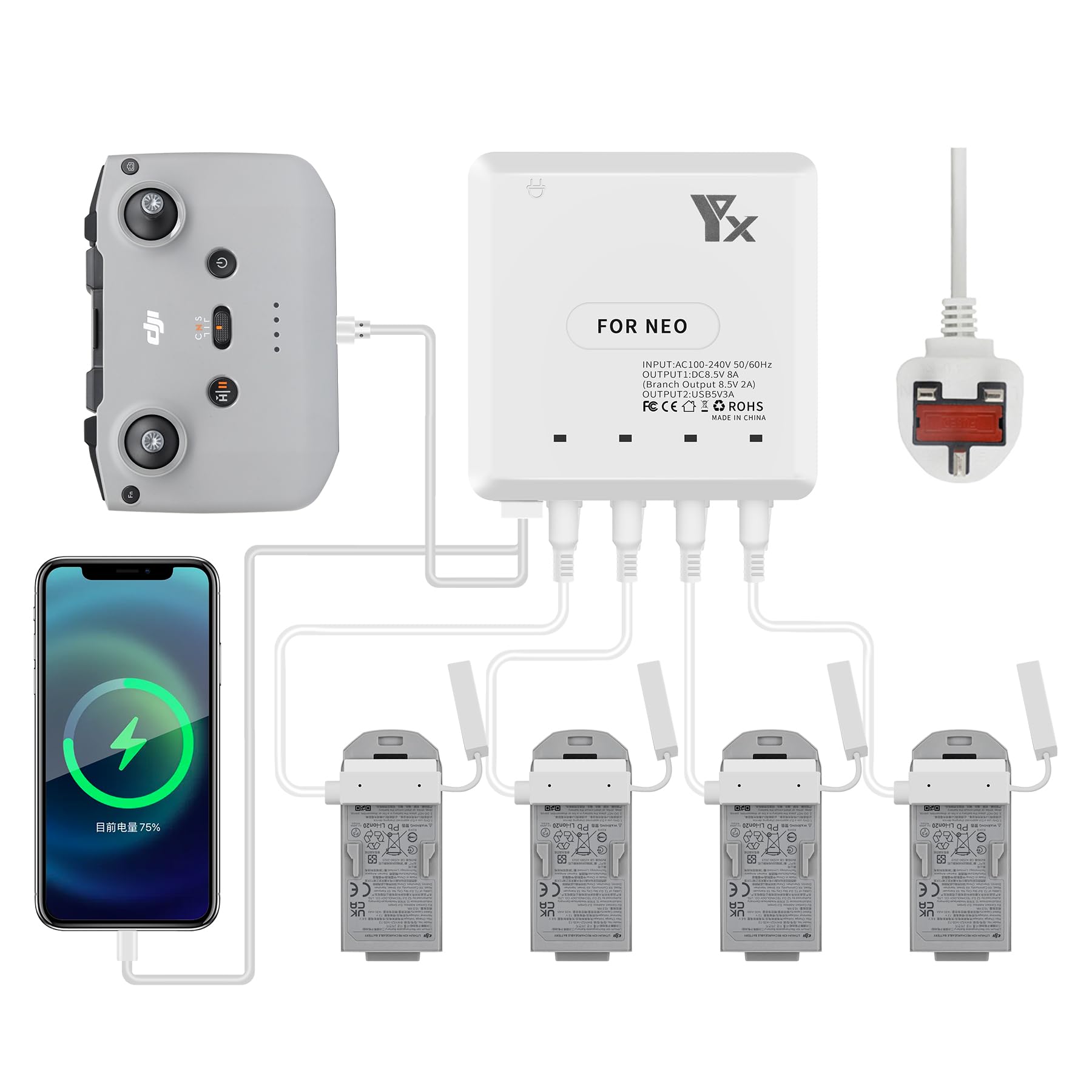 LYONGTECH 6 in 1 Rapid Multi Battery Charger for DJI Neo Drone,Charge 4 Batteries Simultaneous,Charging Hub Accessories