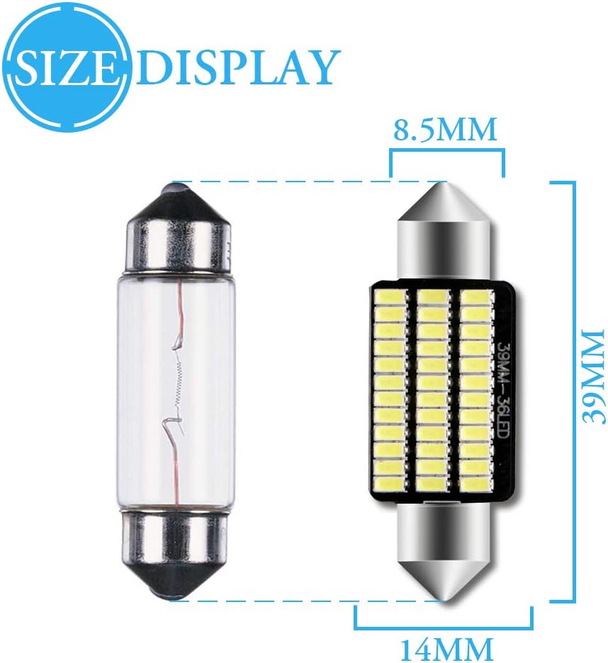 Grandview 4pcs 39MM C5W Canbus White Festoon Interior LED Bulbs with 36-3014-SMD Chips 6411 6413 6418 C5W LED Bulbs for Car Interior Dome Map Door Courtesy License Plate Lights - Image 3