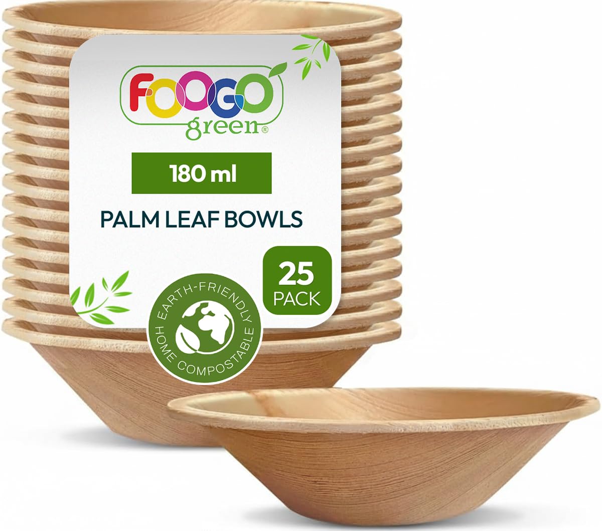 FOOGO Green 25pcs Disposable Palm Leaf Bowls 5" (12cm) Round 180ml (6oz), for Dips, Sauce & Dessert, Eco Friendly Biodegradable Like Wooden and Paper Bowls — image 1