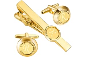HAWSON 2 inch Tie Clips and Cufflinks Sets for Men A-Z Gold Engraved Letter Cufflinks and Tie Clips Sets for Formal Business Wedding