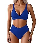 Memashore Sexy Ribbed Bikini Set 2 Piece Womens High Waisted V-Cut Cheeky High Leg Tummy Control Longline Swimsuit