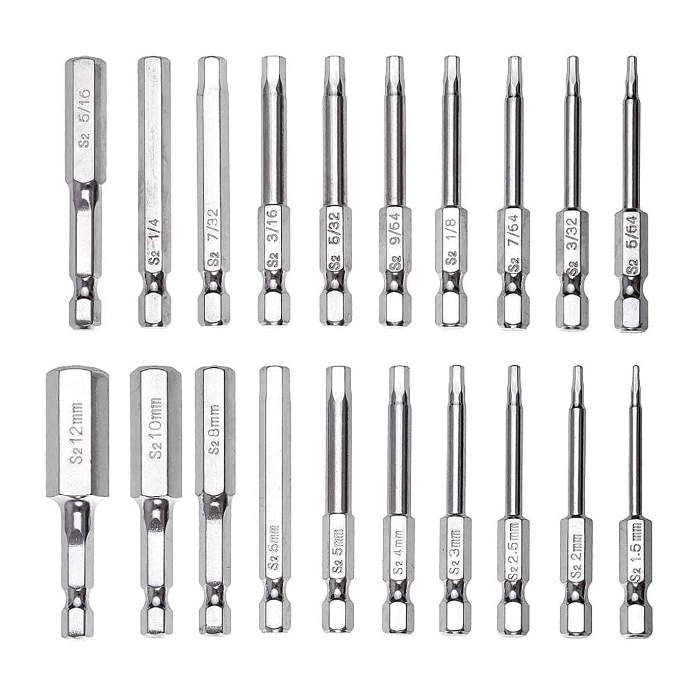 Bestgle 20pcs Hex Head Allen Wrench Drill Bit Set – 1/4" Shank Magnetic Screwdriver Bits (10 Metric & 10 SAE), 60mm Length for Electric Drill & Driver