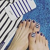 24pcs Summer Beach Sea Solid Blue Stripe White Short Toe Nails Square Full Cover Fake Nails Kit for Girls