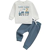 Toddler Baby Boy 2nd Birthday Outfit Choo Choo I'm Two Train Sweatshirt Long Sleeve T-Shirt Pants Set Fall Clothes