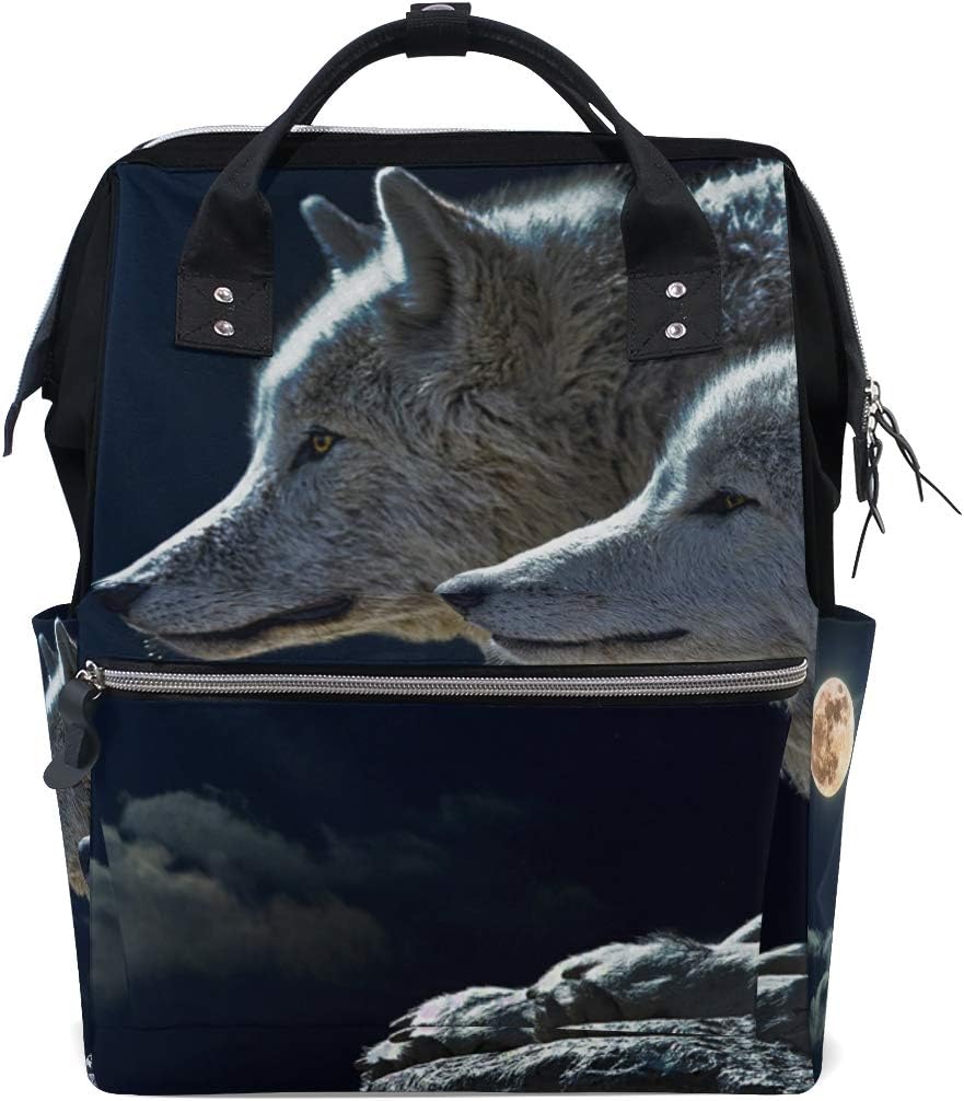 Animal Wolf with Moon Diaper Baby Bag Backpack for Mom Women Nappy Bag Multi-Function Large Backpack Travel School College Outdoor