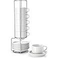 Sweese Porcelain Stackable Espresso Cups with Saucers and Metal Stand - 4 Ounce for Specialty Coffee Drinks, Single/Double Espresso - Set of 6, White
