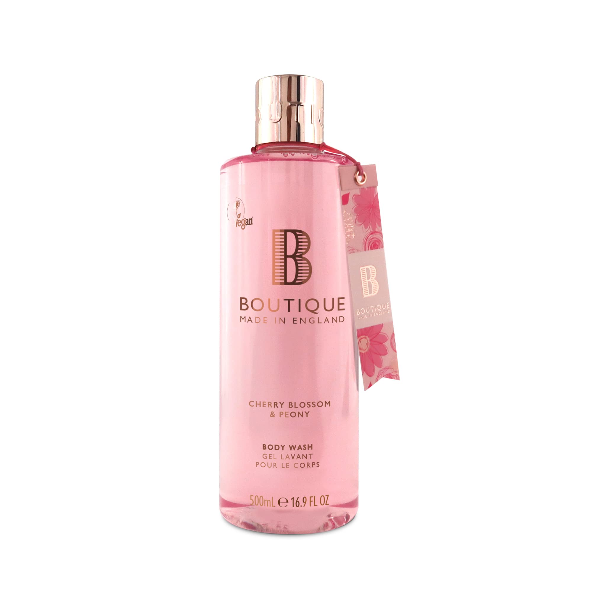 Boutique Cherry Blossom & Peony Fragrance Body Wash 500ml - Refreshing - Cleansing - Essential Oils - Vegan and Cruelty Free - No SLS or Parabens - Made In England - Recyclable Bottle