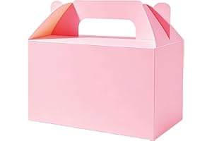 PEIQICHU 24 Pack Candy Treat Boxes Snack Goodie Bags Party Favors Box Party Gift Bags for Birthday, Baby Shower, Weddings Cardboard Candy Containers With Handle, Gable Style, Pink