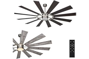 BIGIZMOS 72 Inch 12 Blades Indoor Ceiling Fan with Light and Remote, Reversible DC Silent Motor, 110V ETL Listed for Living Room, Dining Room, Bedroom, Basement, Kitchen, Brushed Nickel