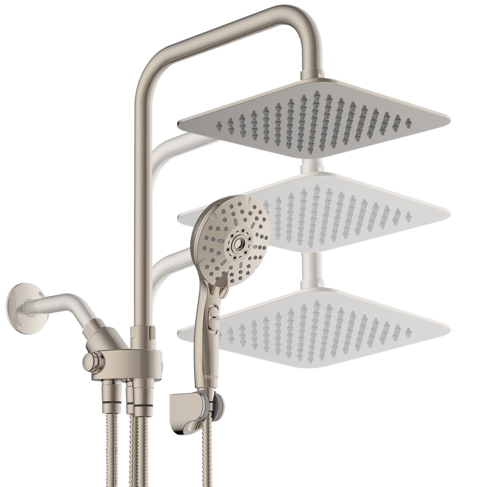 Photo 1 of Ryamen 8" Dual Shower Head Combo, Rainfall Shower Head with Handheld, 6 Spray Settings Angle Adjustable Handheld Shower Head with Pause, Height Adjustable, Brushed Nickel
