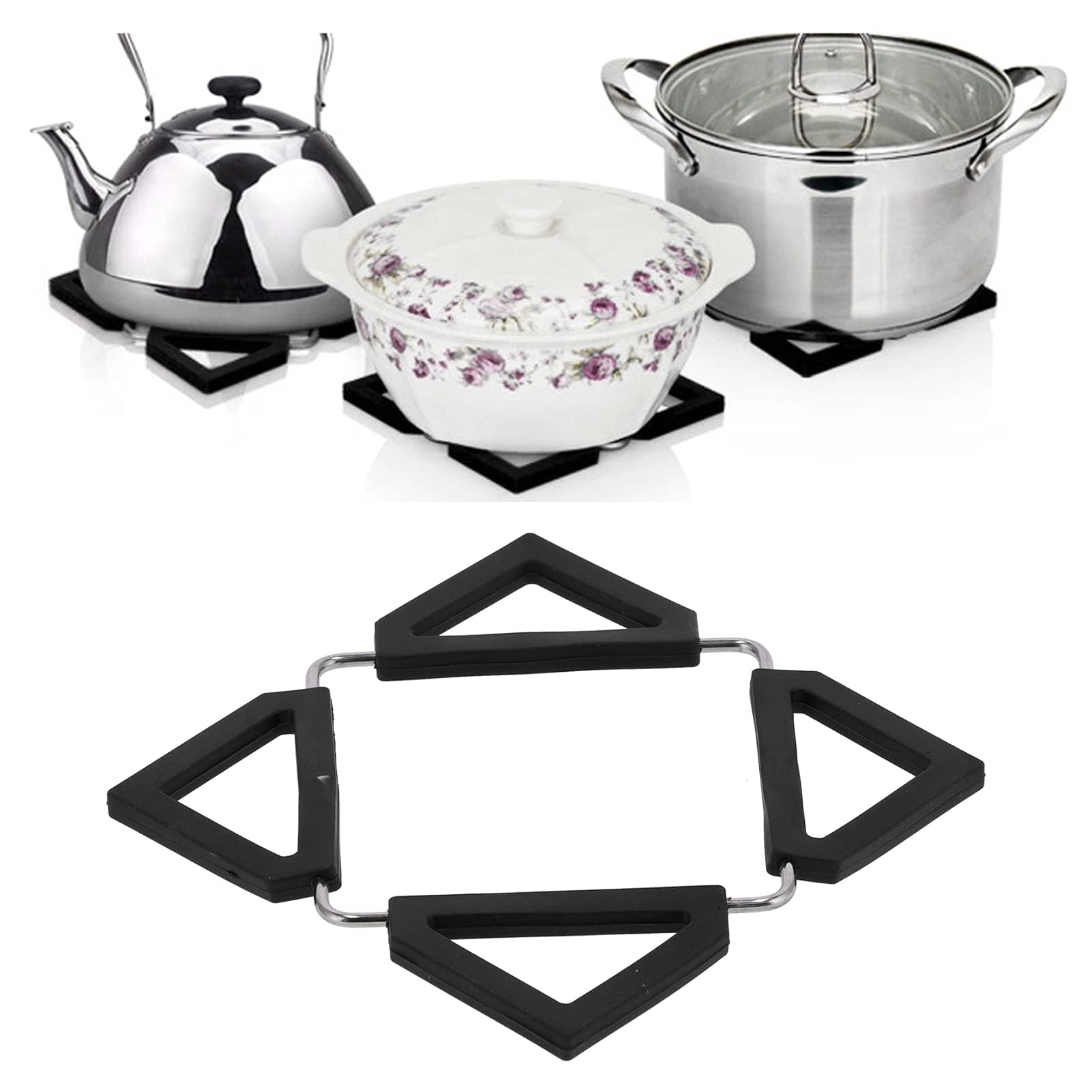 2PCS Silicone Trivets for Hot Pans, Stainless Steel Non Slip Worktop Protector Heat Resistant Mat Hot Pot Holder Expandable Hot Pot Holder Kitchen Worktop Tool with Stainless Steel Frame