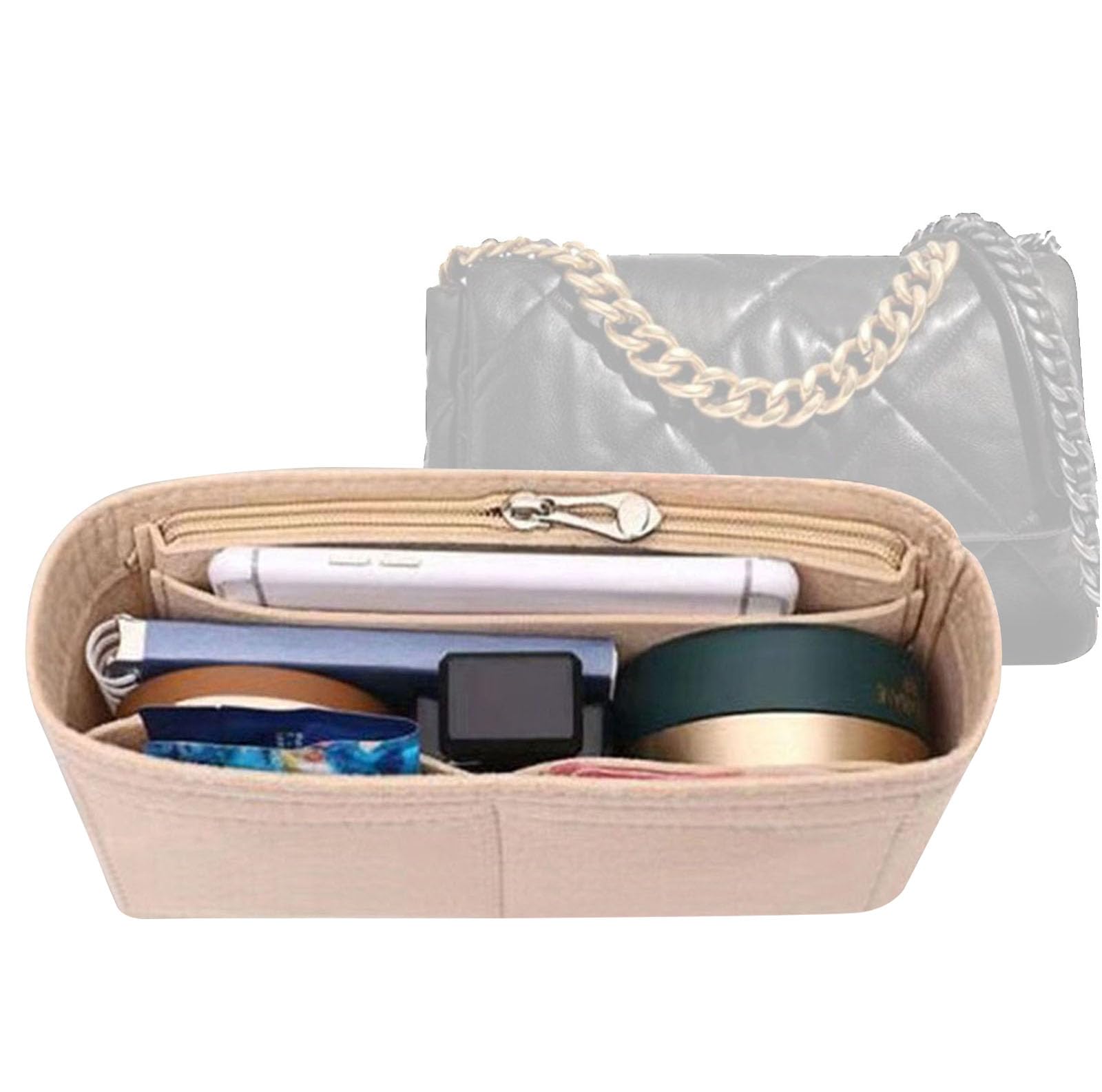 Purse Organizer Insert for 19 Flap Bag Large bag Organizer with Side Zipper Pocket 1016beige-M
