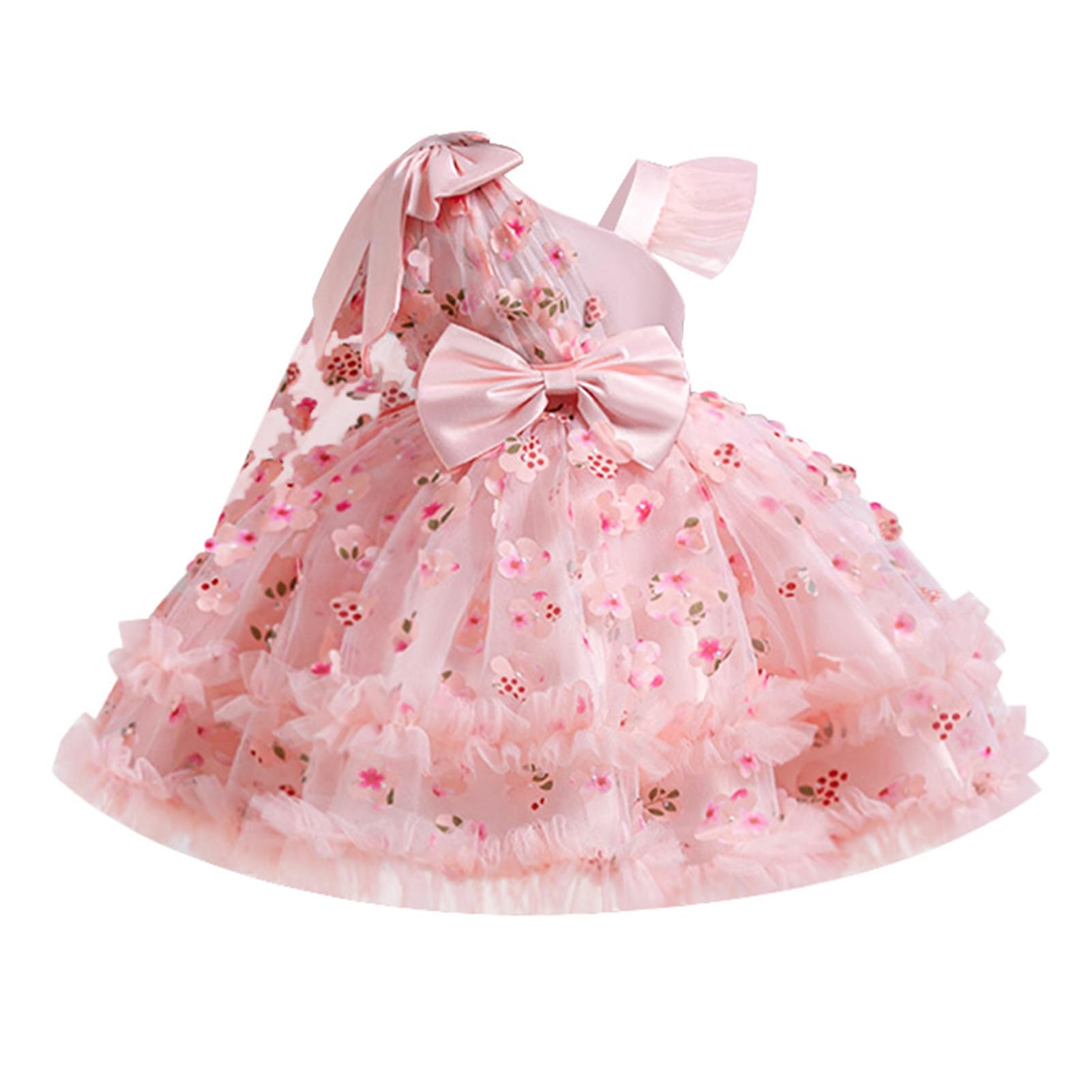 Photo 1 of OBEEII Birthday Dress for Baby Girls 3D Flower Baptism Tutu Dress Asymmetric Shoulder Bowknot Princess Party Photoshoot Outfit Formal Prom Pageant Tulle Gown Light Pink-3D Flower 1-2 T
