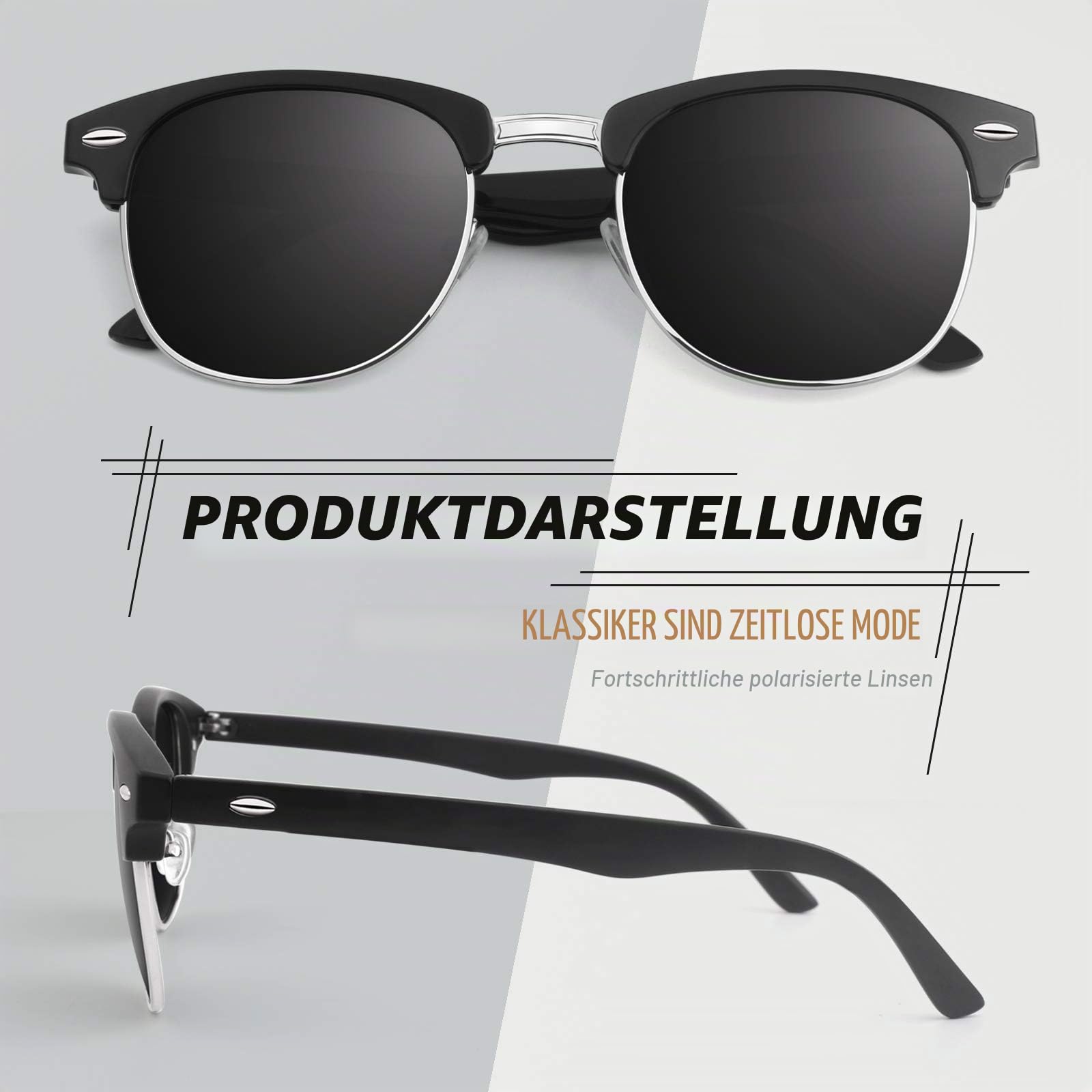 CGID MJ56 clubma Unisex Retro Vintage Sonnenbrille im angesagte 60er Browline-Style mit markantem Halbrahmen Sonnenbrille,Brillen trends 2018, 1a Matte Schwarz-grau, 51 4