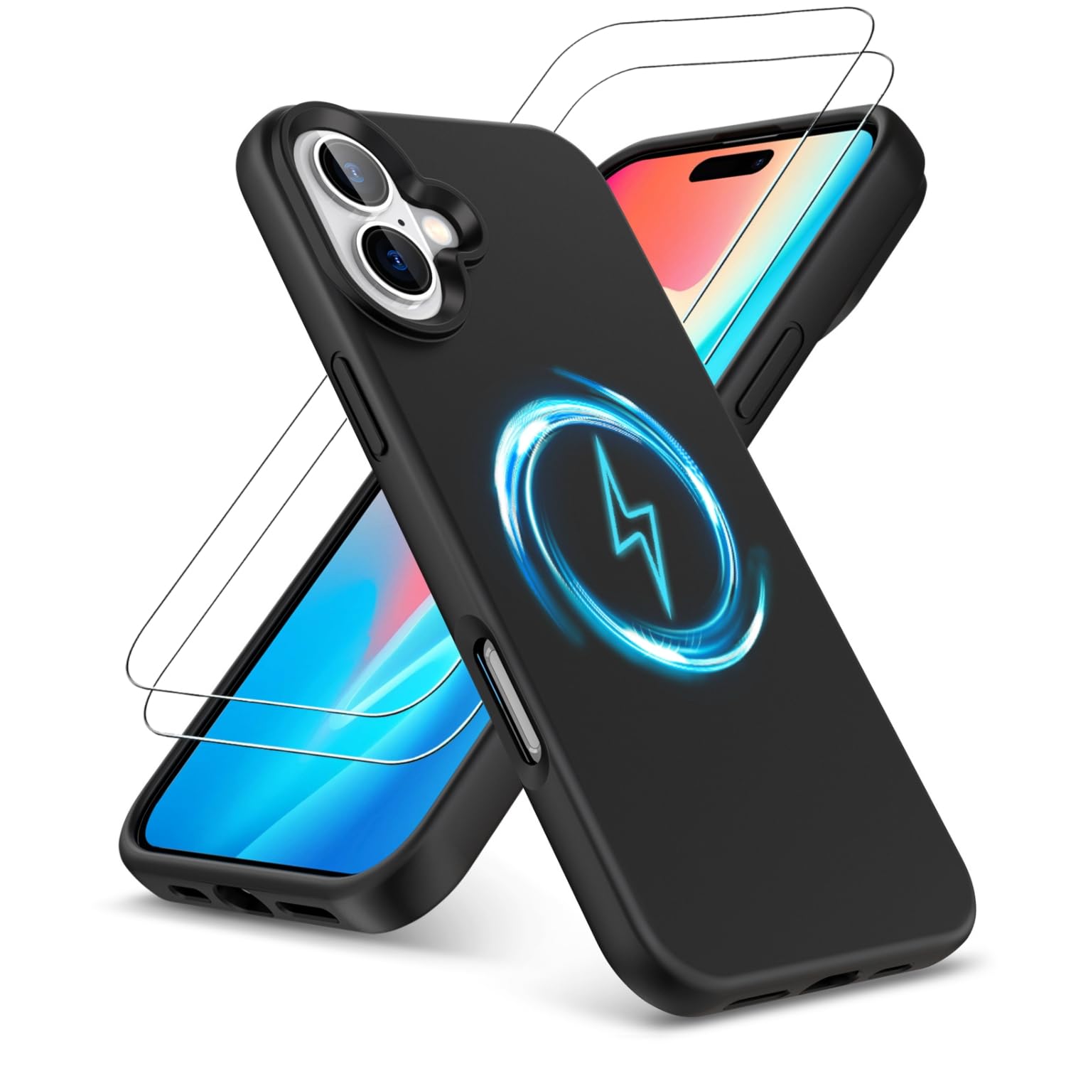 PIXFAB for iPhone 16 Plus Case with 2 x Screen Protector Tempered Glass, [Compatible with Magsafe] Liquid Silicone Shockproof Armour Protective [Soft Touch] Rubber Gel Phone Cover - Black