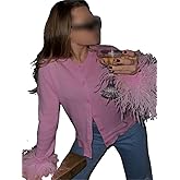 Women Feather Trim Fall Winter Knit Cardigan Y2k Button Down Long Sleeve Cropped Fur Jacket Holiday Rave Sweater Tops
