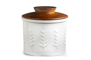 YHOJOY Ceramic Butter Dish With Lid, Butter Crock for Countertop, French Butter Keeper for Spreadable Butter, Elegant Embossed Pattern, Cream White