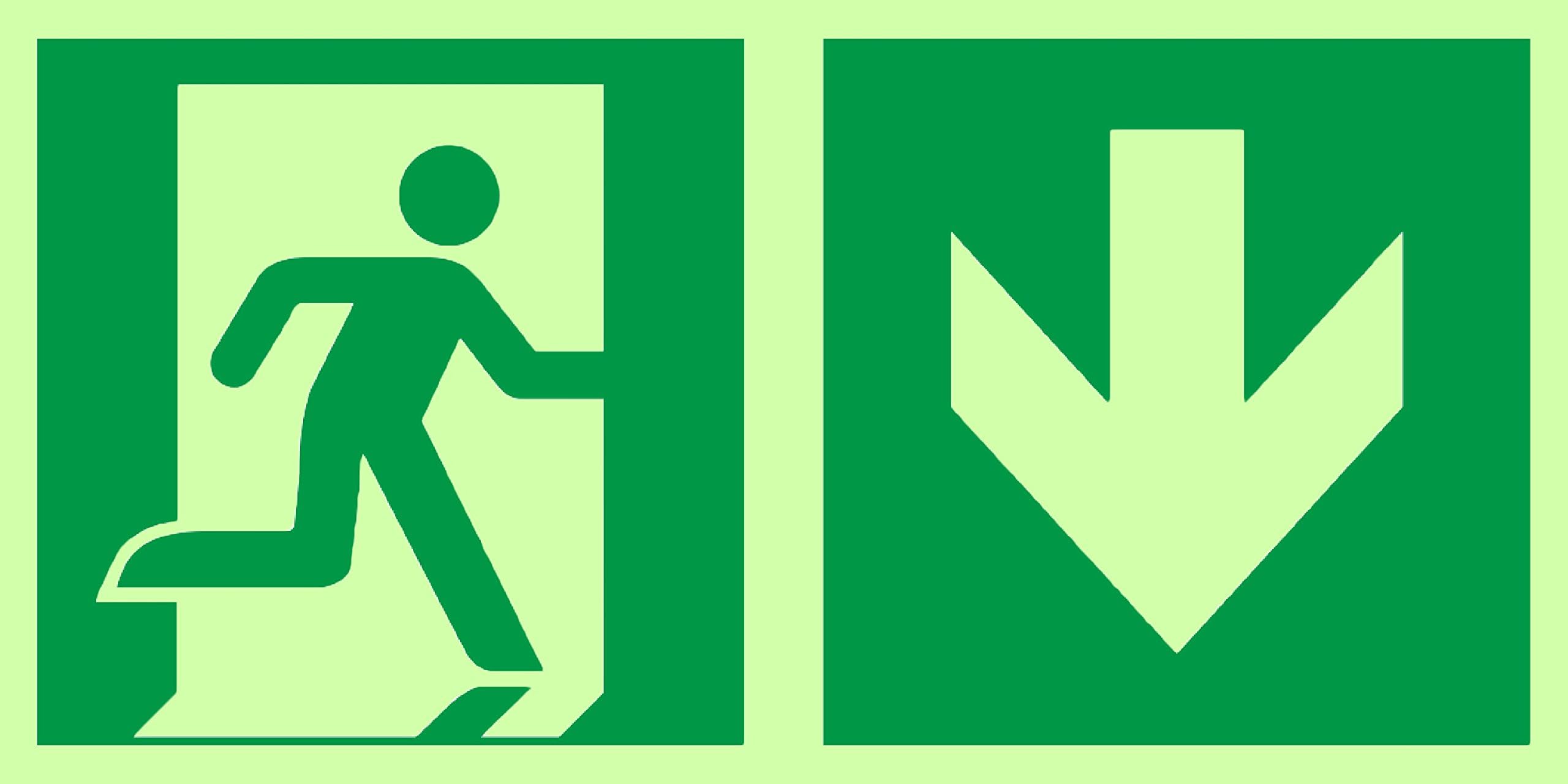 Anro Emergency Exit Signs | Arrow Down| Glow in the Dark and Self Adhesive | Safety and Warning PVC Sign | 150 x 300mm