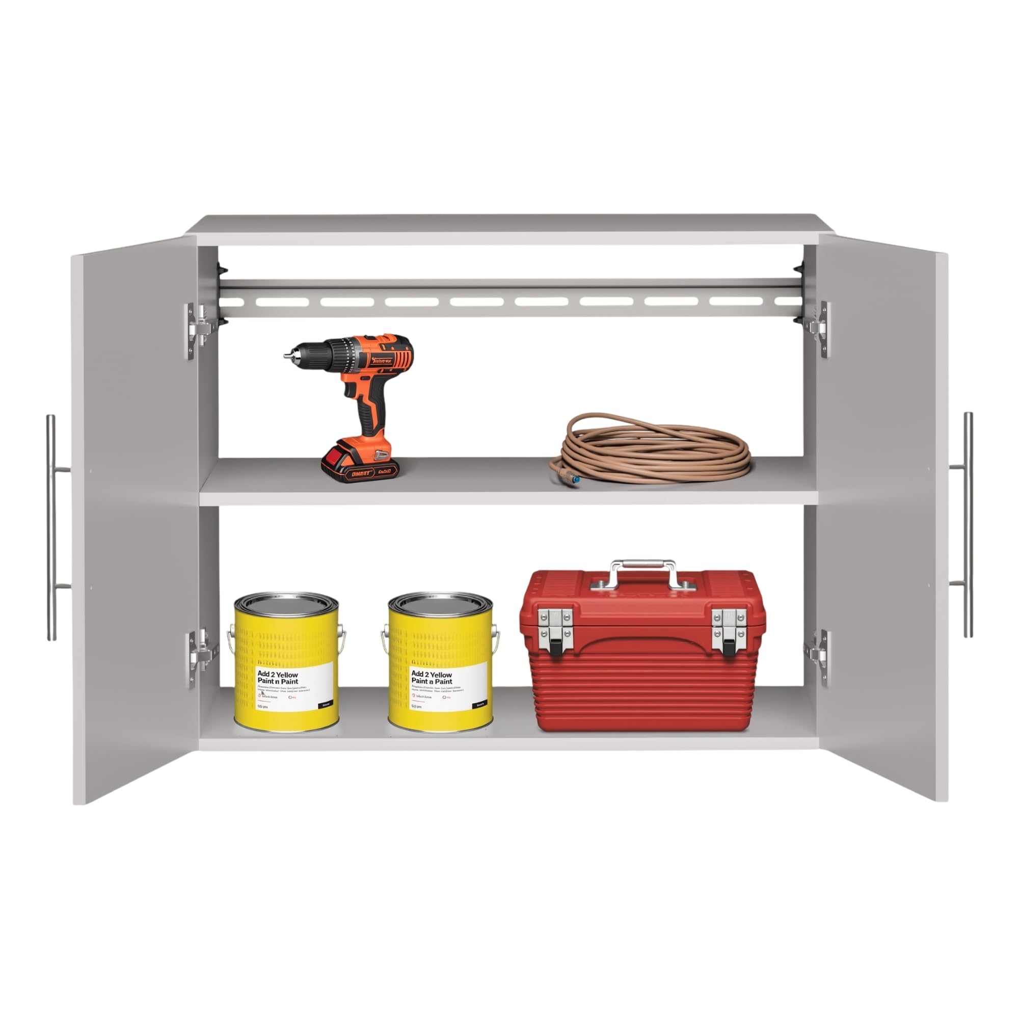 Photo 1 of Prepac HangUps 30" Wide Upper Garage Storage Cabinet, Wood Hanging Wall Cabinet for Laundry Room, Wall Mounted Storage with Adjustable Shelf, Floating Cupboard with Metal Hanging Rail, Light Gray