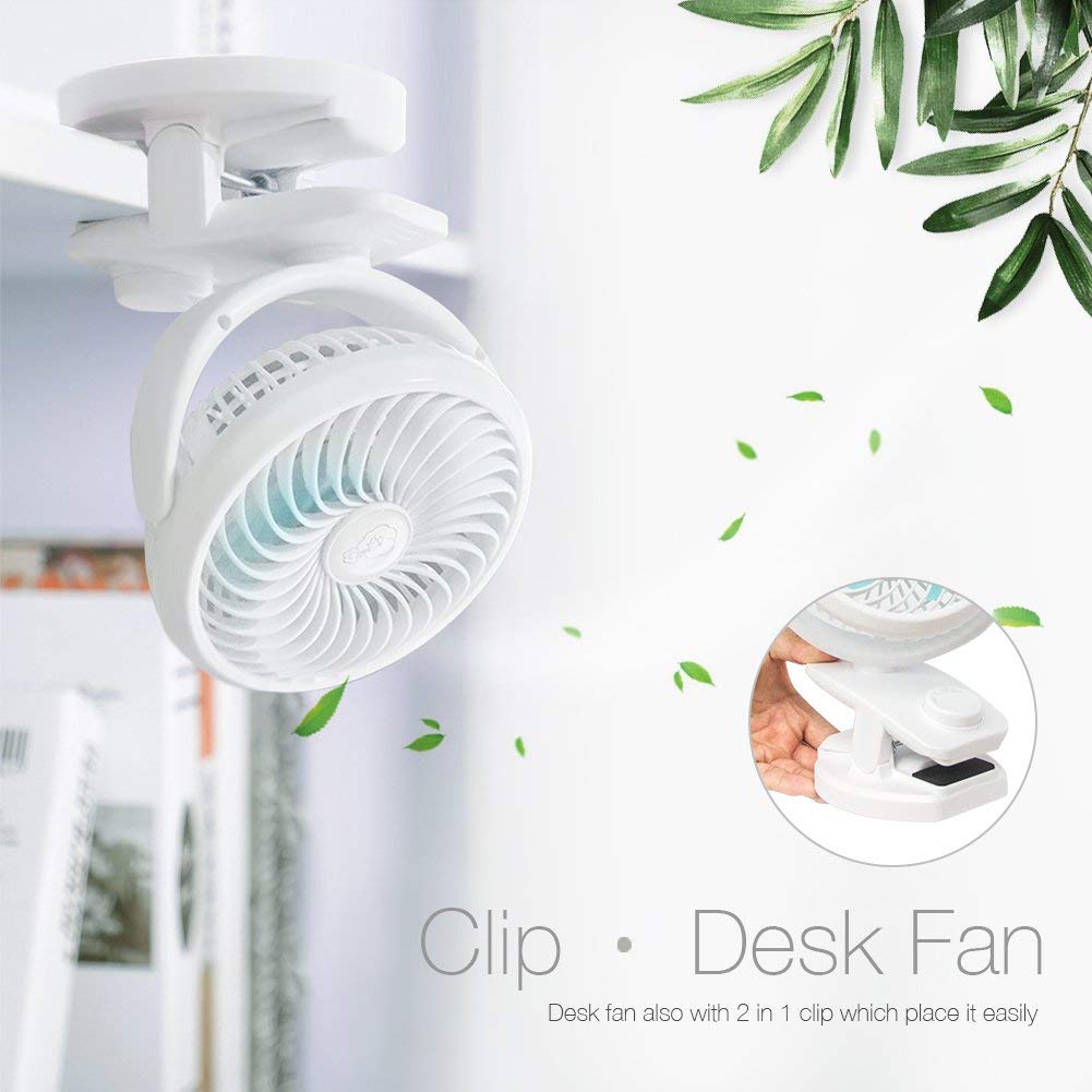 Ausein Mini Clip-on Fan 5000mAh Rechargeable Battery Operated USB Desk Fan Portable Personal Fan Small Quiet Stroller Fan for Home, Office, Travel, Camping, Baby Pram, Pushchairs, Buggy, Car (White)