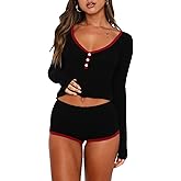 INFITTY Womens Sexy Vneck 2 Piece Sets Casual Long Sleeve Button Short Pajama Outfit 2026 Trendy Crop Top Nightwear