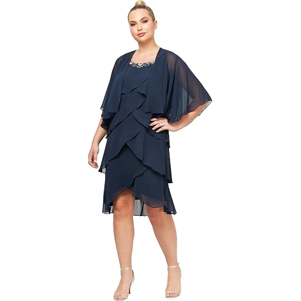 S.L. Fashions Women's Chiffon Tier Jacket Dress with Bead Neck, Navy, 14 at  Amazon Women's Clothing store