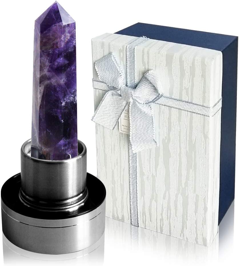 HINATAA Crystal Water Bottle, Removable Natural Crystal Gemstone Glass Bottle, Portable Proof Leak Natural Quartz Water Bottle, BPA Free Durable Gemstone Bottle 550ml (Amethyst Crystal)