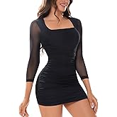 Women Mesh Long Sleeve Bodycon Club Party Dress Square Neck Ruched Night Out Mini Short Dresses