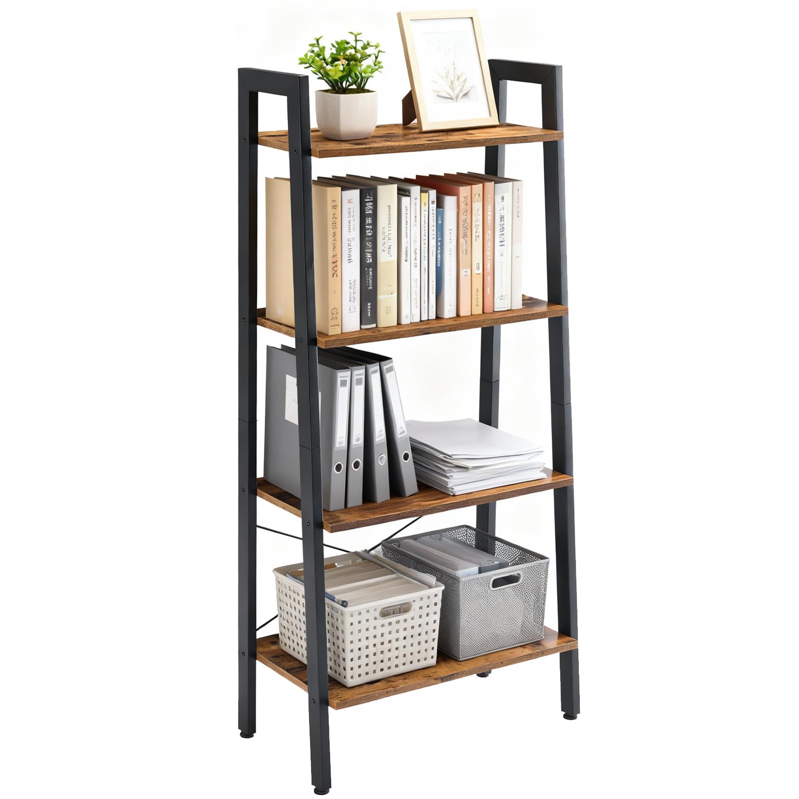 DUMOS Ladder Shelf, 4-Tier Display Bookshelf, Industrial Style Storage Standing Shelf, Decorative Shelves with Stable Frame for Living Room, Bedroom, Office, Kitchen, Bathroom, Brown Image