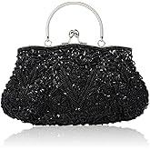 Women Vintage Beaded Evening Clutch Vintage Design Sequin Floral Top-handle Handbag Party Wedding Purse Wallet (Black)