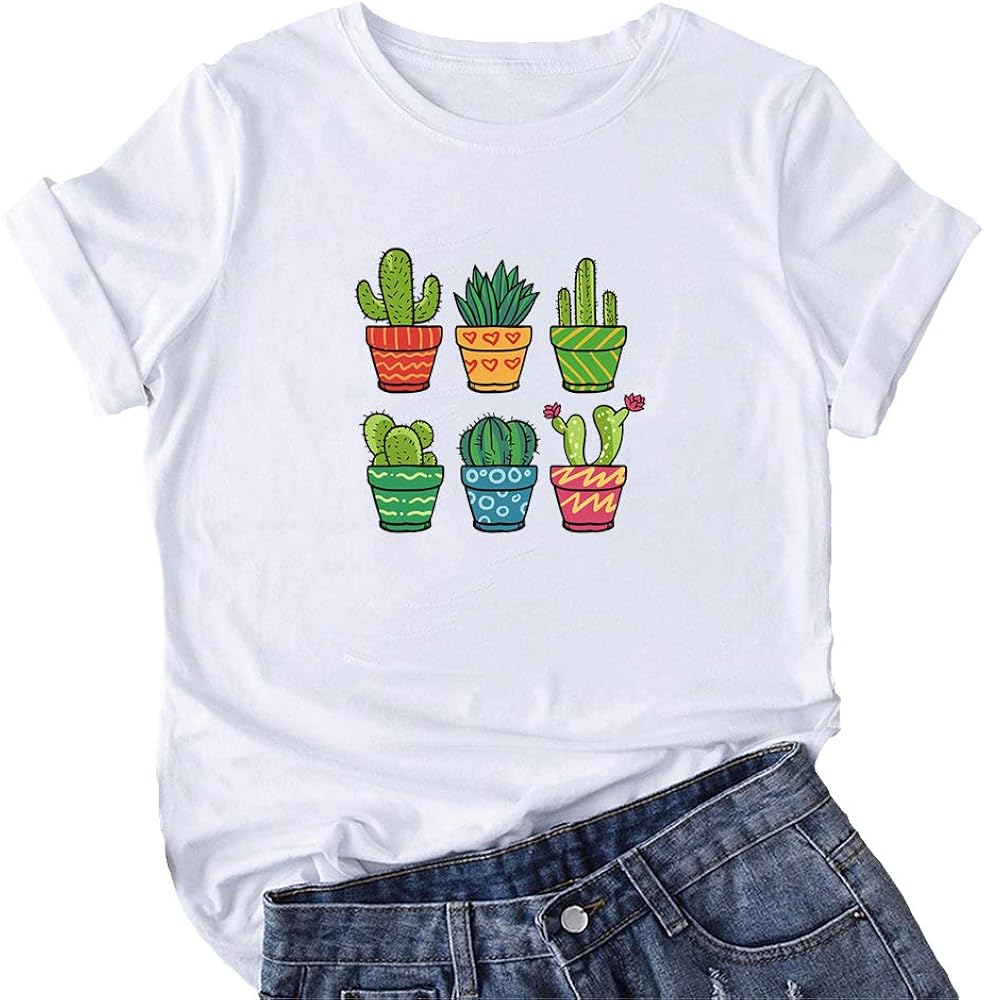 Mikialong Carino Cactus Piante T Shirt Donna Cotone Grafico Tee Manica