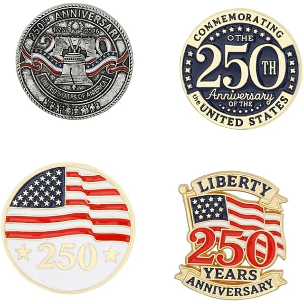 Épingle Commémorative 250ème Anniversaire USA - Émail Plaqué Or - 3,6cm - Idéale Fête Patriote, Jour De L'indépendance