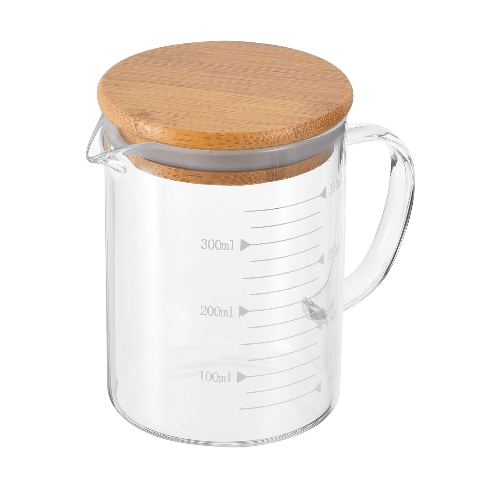 PATIKIL 350ml Glass Measuring Cup, 3.3 Borosilicate Glass Graduated White Printed Scale Liquid Measure Cups Beaker with Wood Lid and V-Shaped Spout for Kitchen