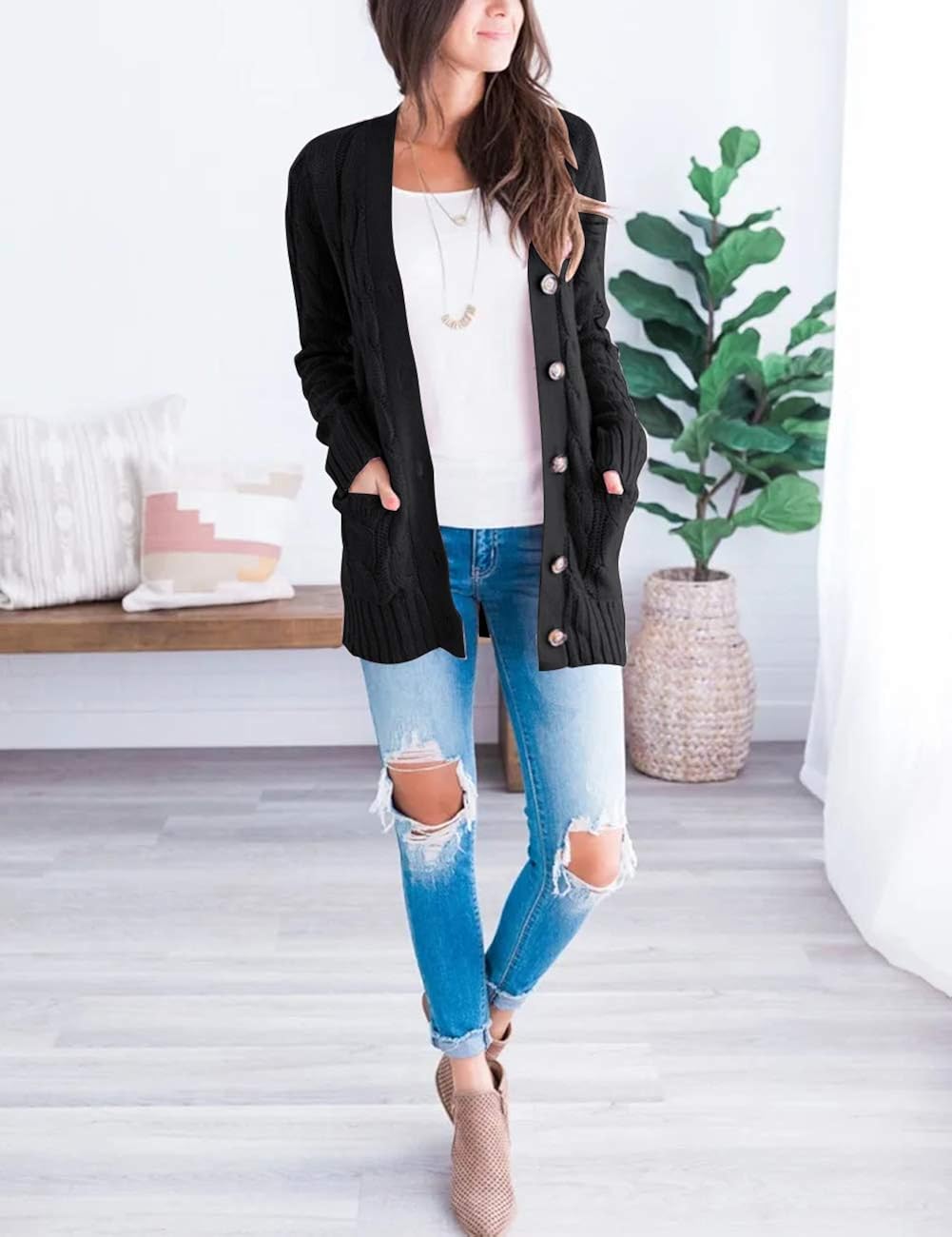 MEROKEETY Women's Long Sleeve Cable Knit Sweater Open Front Cardigan Button Loose Outerwear at  Women’s Clothing store