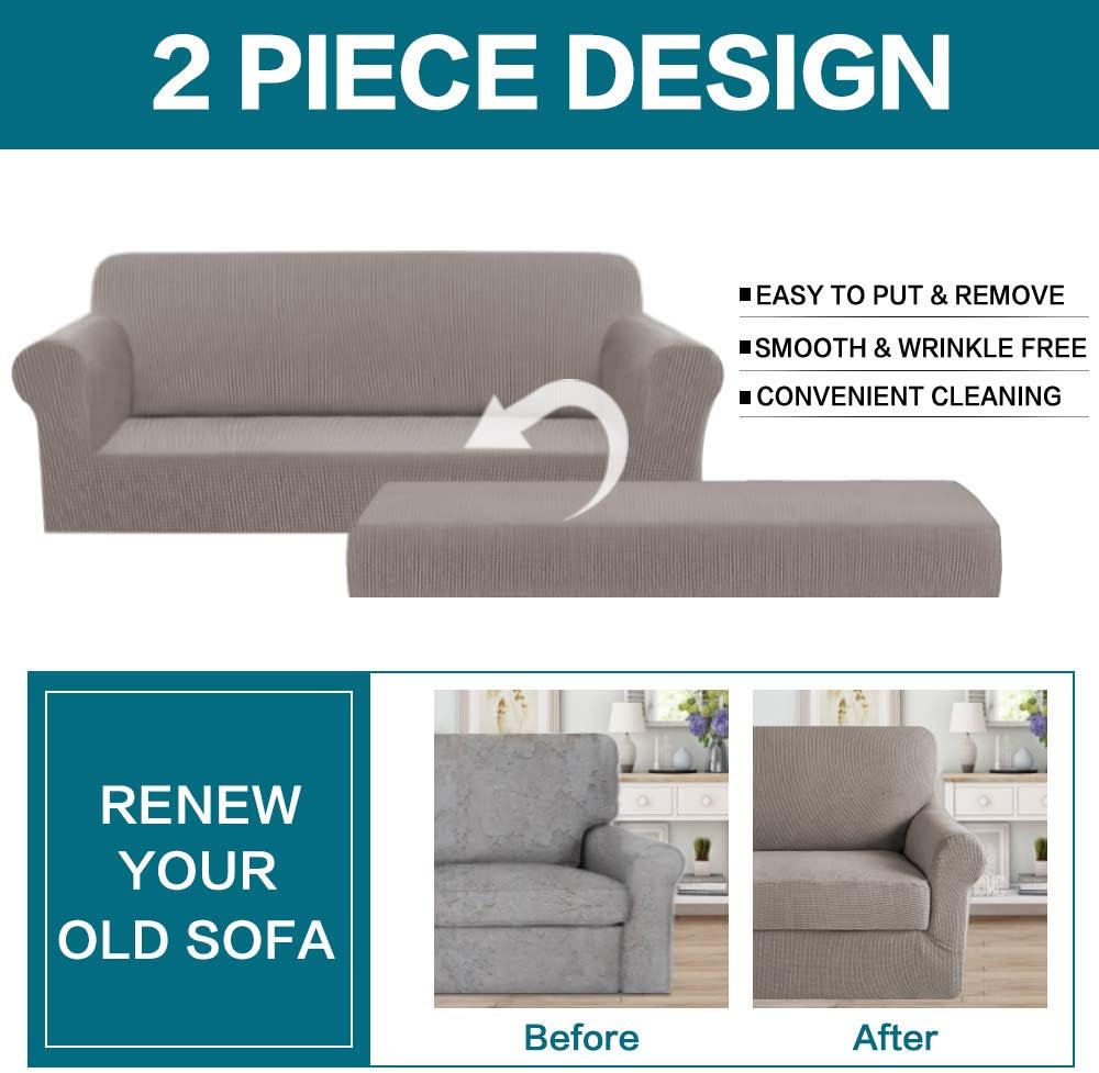 Turquoize Stretch Sofa Slipcover 2 Piece Sofa Cover with Separate Cushion Cover Couch Cover for 3 Cushion Couch Furniture Protector with Elastic Bottom High Spandex Washable (Large, Taupe): Home & Kitchen