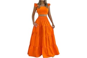 Women's 2 Piece Outfits Fashion Sleeveless Ruffle Strap Crop Tops and Elastic Waist Maxi Skirt Set Casual Dress Set