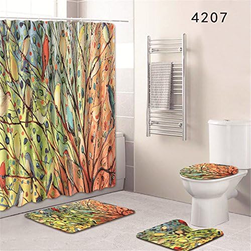 Oyeahbridal Set of 4 Colorful Tree Shower Curtain and Bath Mat Set,Psychedelic Forest with Birds Decor Waterproof Non-slip Bathroom Curtain and Rug Set with Hooks(Multi 9)