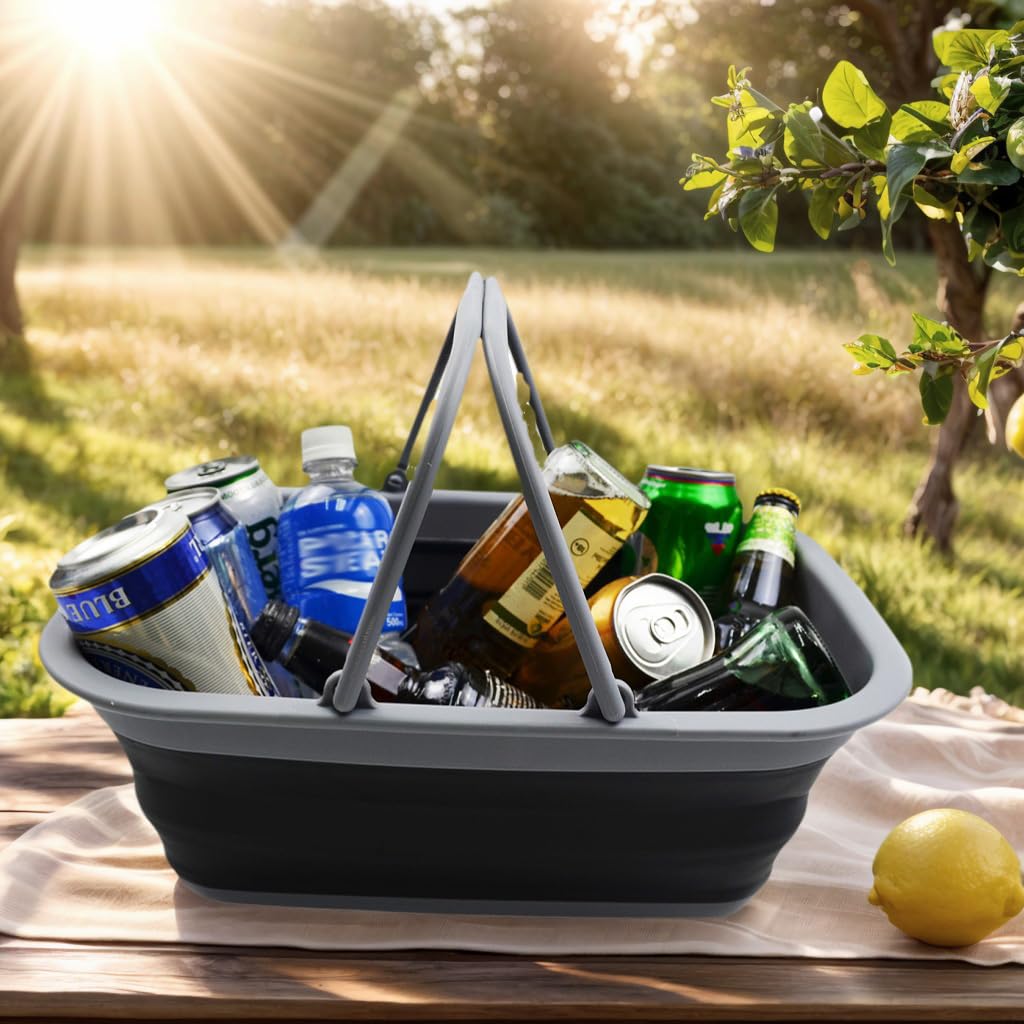 SAMMART 9.2L Collapsible Tub with Handle - Portable Outdoor Picnic Basket/Crater - Foldable Shopping Bag - Space Saving Storage Container (Dark Grey/Black, 1)