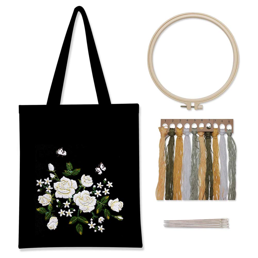 Gigicloud Black Canvas Embroidery Kit with Pattern and Instructions, Includes Embroidery Bag with Floral Pattern, Bamboo Embroidery Hoops, Color Threads and White Rose Tool