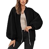 Wyeysyt Oversized Sweatshirt for Women Zip Up Fleece Bomber Jacket Casual Lantern Sleeve Sweatshirt