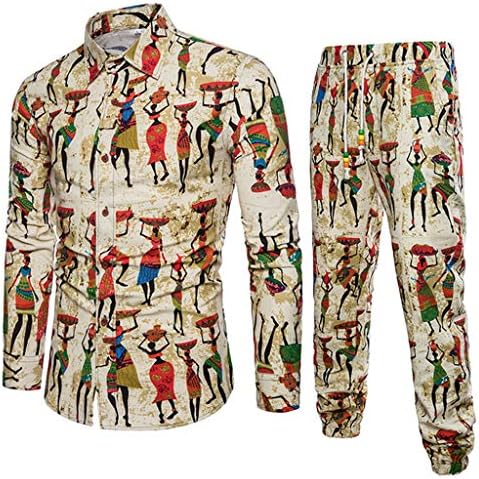 Men's Casual Suits,AmyDong Long Sleeve Cotton Linen Slim Fit Business Shirt Ethnic Style Print Blouse Top+Pants