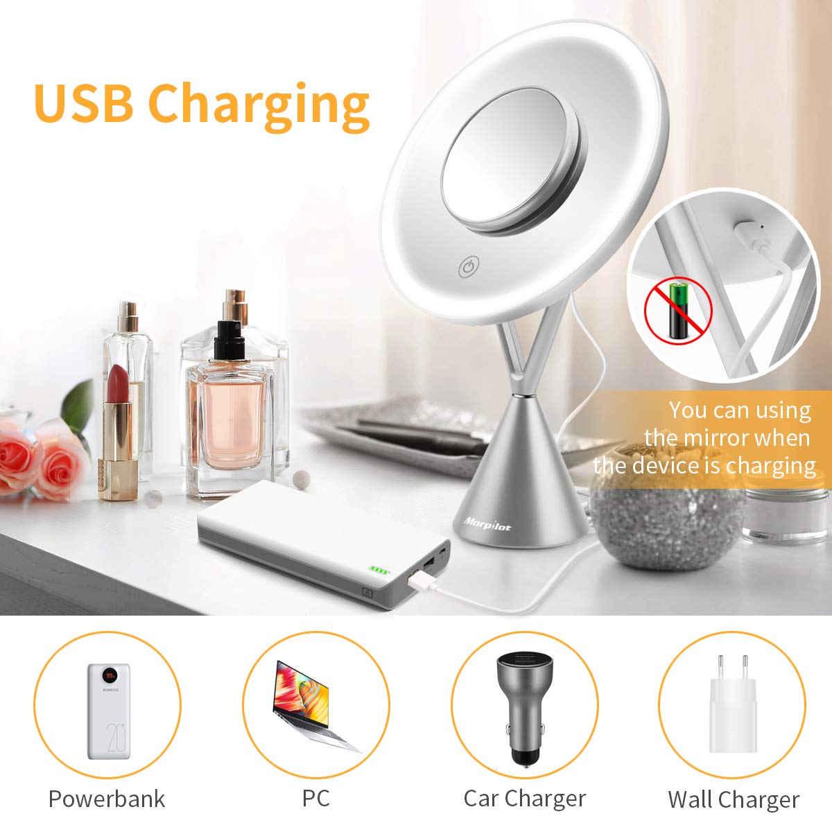 Lighted Makeup Vanity Mirror with 60 LEDs, 1x/5x Magnification, 3 Color Lighting Modes 8\'\' Rechargeable Mirror with Dimmable Touch Screen