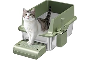 PAXYEET Enclosed Stainless Steel Cat Litter Box with Lid Extra Large Litter Box for Big Cats XL Metal Litter Pan Tray with High Wall Sides Enclosure, Non-Sticky, Anti-Leakage, Easy Cleaning (8 in Green)