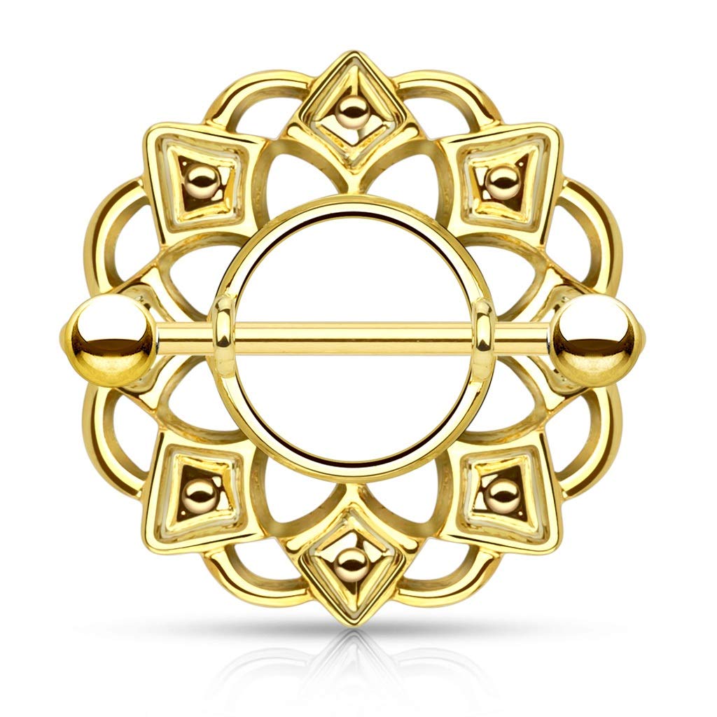 PiercedOff Gold Tone IP over 316L Surgical Steel Nipple Shield with Ornate Design - Thickness 14GA (1.6mm) / Length 16mm / Ball Size 5mm