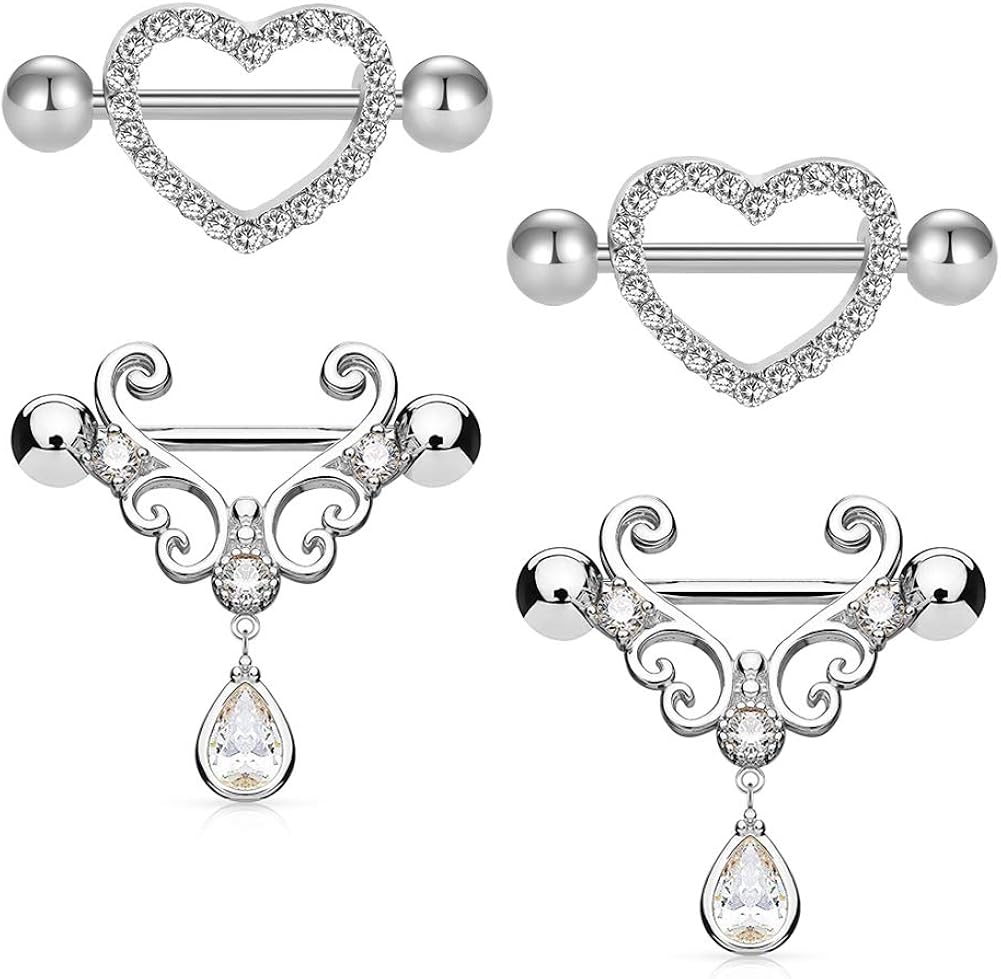 JFORYOU 2 Pair Nipple Rings Heart Filigree with Tear Drop CZ Dangle Nipple Bars Barbells Rings