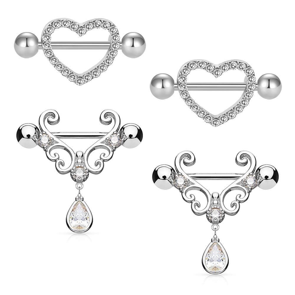 JFORYOU 2 Pair Nipple Rings Heart Filigree with Tear Drop CZ Dangle Nipple Bars Barbells Rings - 14G 316L Stainless Steel Nipple Piercing