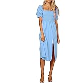 R.Vivimos Summer Dress for Women Cotton Plaid Puff Sleeves Casual Off-Shoulder Boho Side Slit Midi Dress